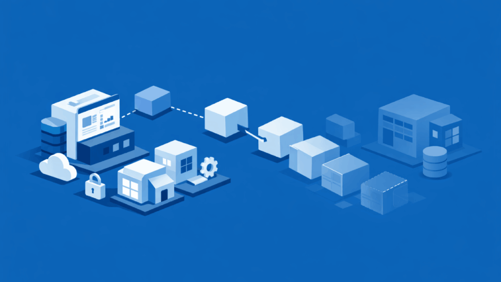 Isometric illustration of digital buildings, cubes, and cloud icons connected by dashed lines, representing a network or data flow within a technology or cloud computing system.