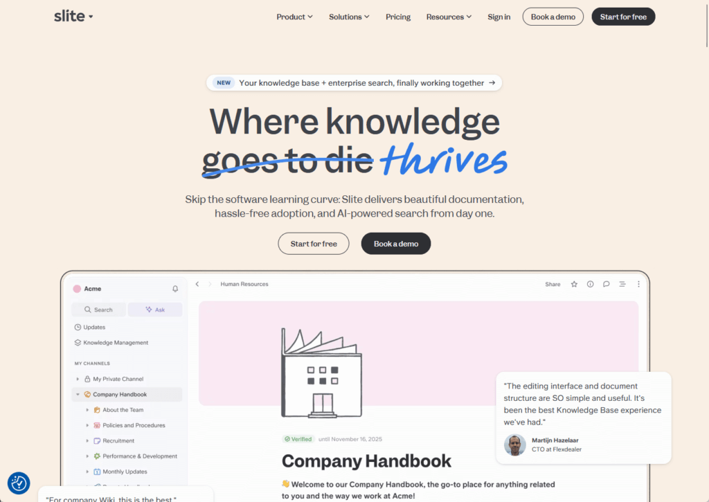 Screenshot of the Slite website homepage. Headline reads “Where knowledge goes to die” with “die” crossed out and replaced by “thrives.” There’s a demo button, navigation links, and a preview of a company handbook below.