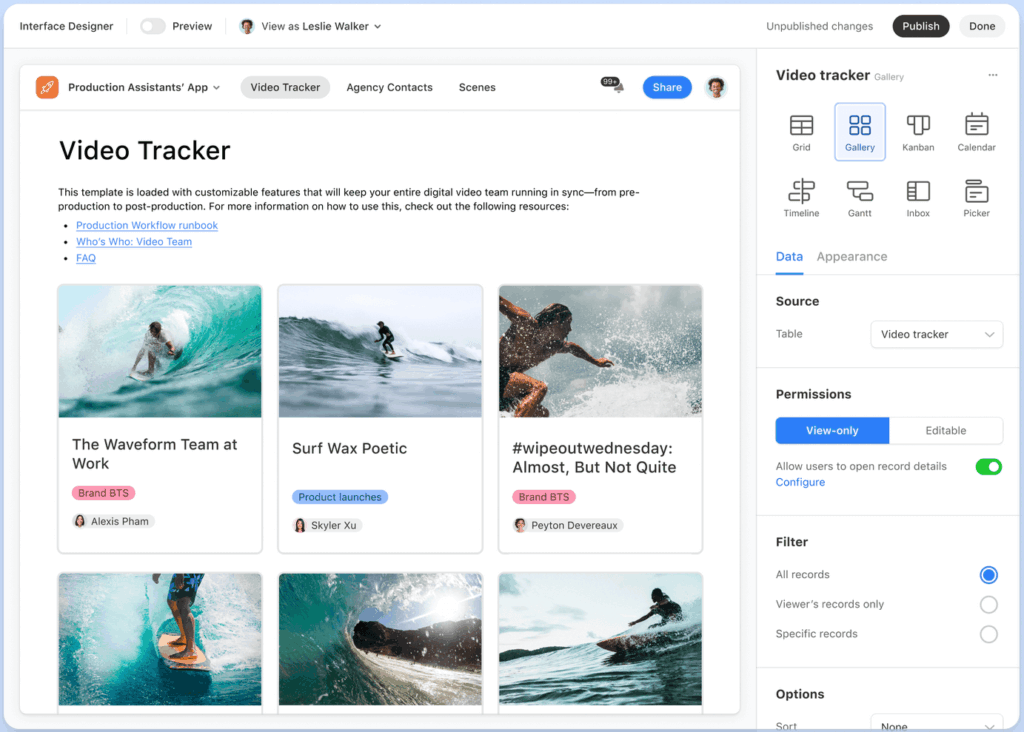 An app interface displays a “Video Tracker” dashboard with cards for different surfing videos, each showing a title, thumbnail, tags, and user avatars. A sidebar on the right provides gallery view settings and data source information.