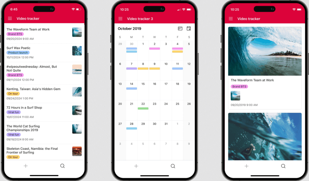 Three smartphone screens display a video tracking app with a list view, a calendar view, and a photo gallery view, all featuring surfing-related videos and colorful thumbnails.