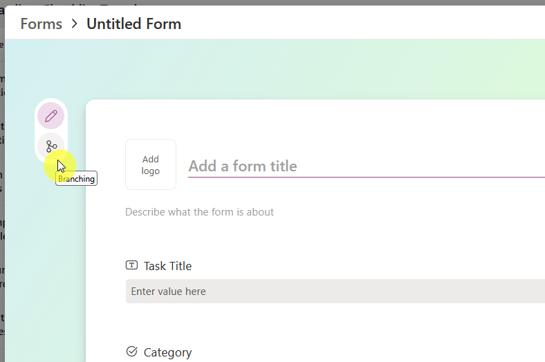 A screenshot of an online form builder showing options to add a form title and description. A yellow cursor hovers over the Branching tool on the left sidebar, displaying its label in a tooltip.