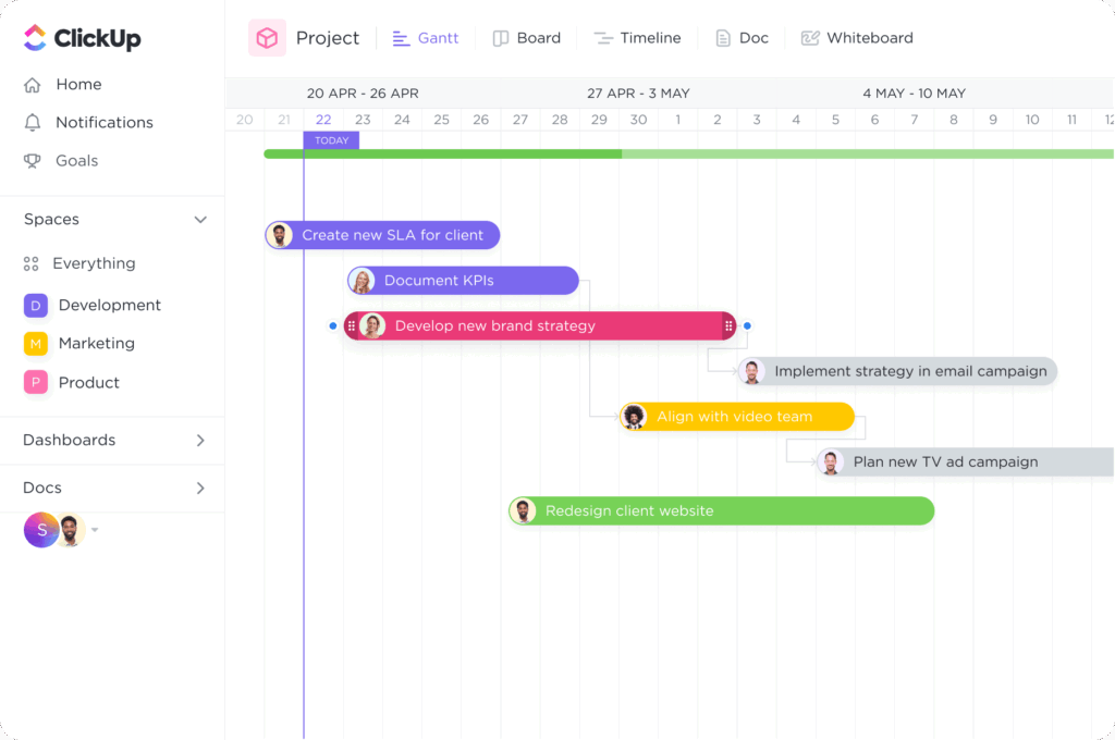 A ClickUp Gantt chart showing team tasks and timelines by color: Create new SLA, Document KPIs, Develop new brand strategy, Align with video team, Implement strategy, Plan new campaign, and Redesign client website.