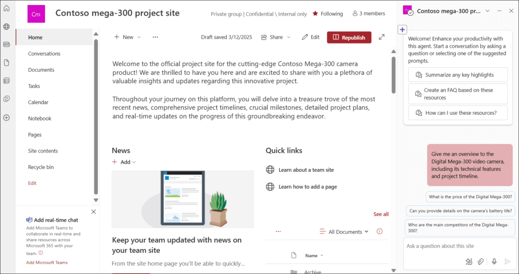 Screenshot of a Microsoft Teams project site titled Contoso mega-300 project site showing news, quick links, and a chat sidebar discussing the Digital Mega-300 video camera, team updates, and project information.