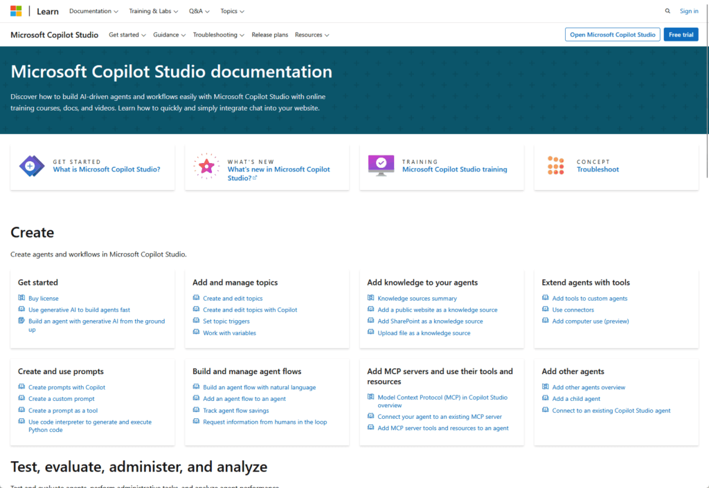 Screenshot of the Microsoft Copilot Studio documentation page, showing sections for creating agents and workflows, learning resources, and links to start building, manage agents, add skills, and analyze performance.