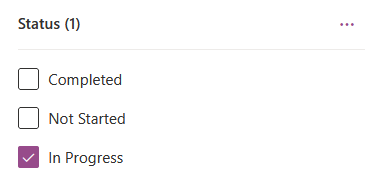 A status selection menu with three options: Completed, Not Started, and In Progress. The In Progress option is checked, while the others are unchecked.