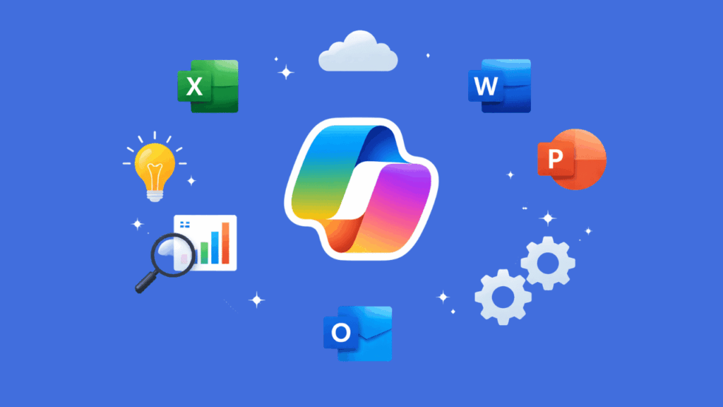 A colorful Microsoft Loop logo is centered, surrounded by icons for Excel, Word, PowerPoint, Outlook, a cloud, gears, a light bulb, and a magnifying glass with a chart, all on a blue background.