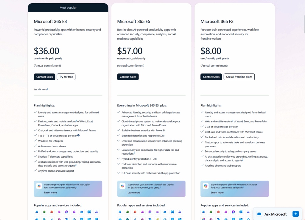 Screenshot comparing three Microsoft 365 plans (E3, E5, F3) with their prices, descriptions, key features, and lists of included apps. Each plan shows price per user per month and main differences in capabilities.