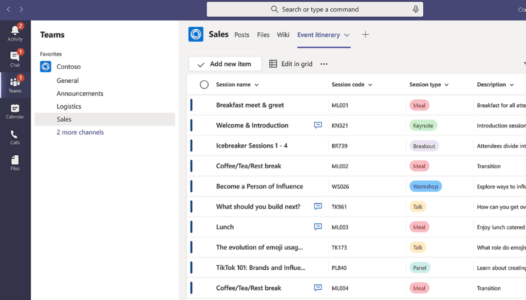 A Microsoft Teams window shows a sales event itinerary with session names, codes, types (e.g., meal, keynote, workshop), and tags. The sidebar lists Teams and channels like General, Logistics, and Sales.