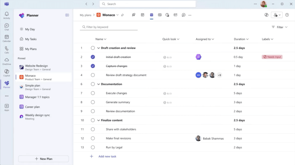 A digital project planner interface shows a task list with columns for task name, quick look status, assignees, and due dates. Some tasks are assigned to users with avatars, and one task has a “Needs input” label.