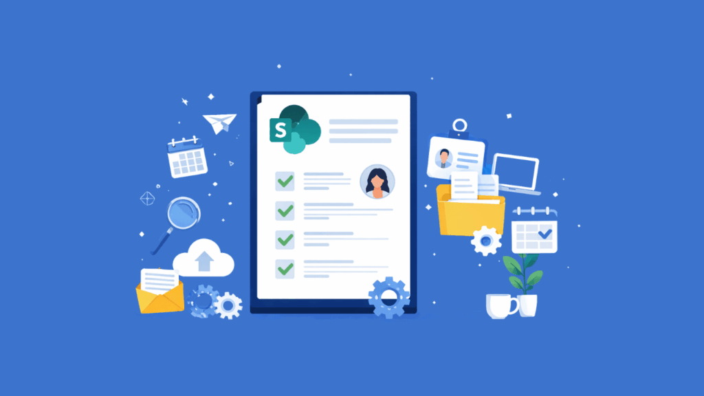 Illustration of a digital tablet displaying a document with checkmarks and profile photos, surrounded by icons of calendars, folders, gears, email, magnifying glass, plant, coffee cup, and a laptop on a blue background.