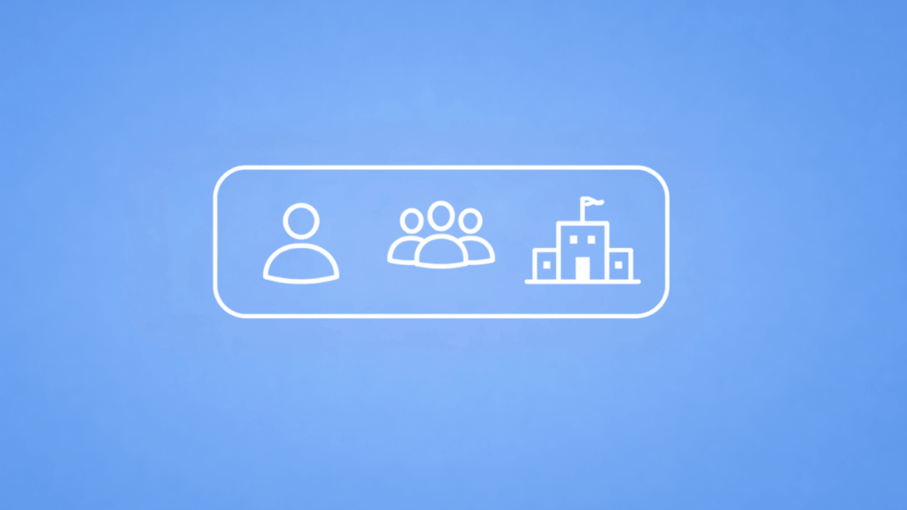A white outlined icon on a blue background shows a single person, a group of three people, and a building with a flag, all inside a rounded rectangle.
