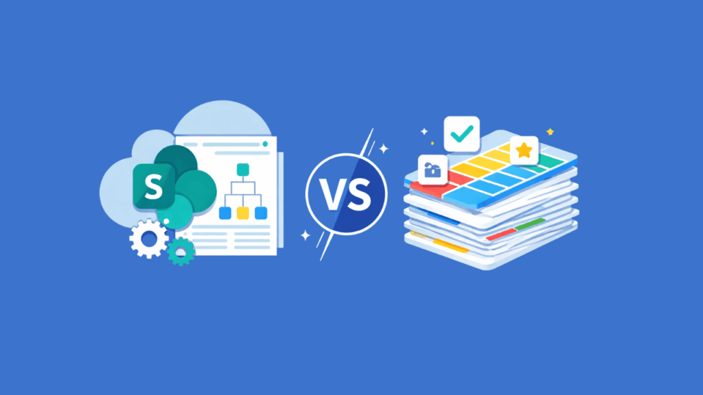 Illustration comparing SharePoint (shown as a cloud, gears, and document) on the left to another digital platform with stacked files and checkmarks on the right. “VS” is in the center, suggesting a comparison.