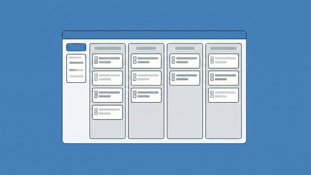 A digital kanban board with multiple vertical columns, each containing several rectangular cards, shown on a blue background. The board interface is simple and uncluttered.
