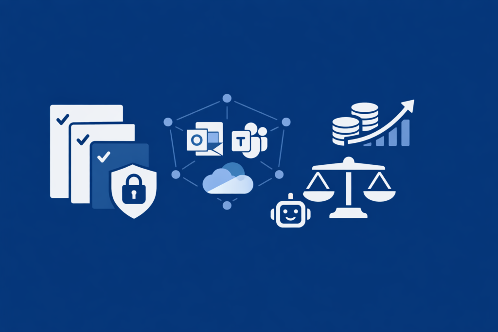 Icons on a blue background showing documents with checkmarks and a shield, cloud storage, collaboration apps, a robot, scales of justice, and stacks of coins with an upward arrow.