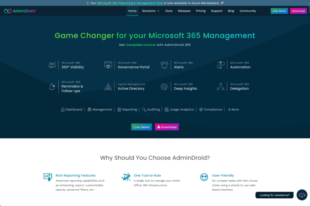 Screenshot of the AdminDroid website homepage promoting Microsoft 365 management. Features like 360° Visibility, Alerts, and Automation are highlighted. “Live Demo” and “Download” buttons are centered below the features.