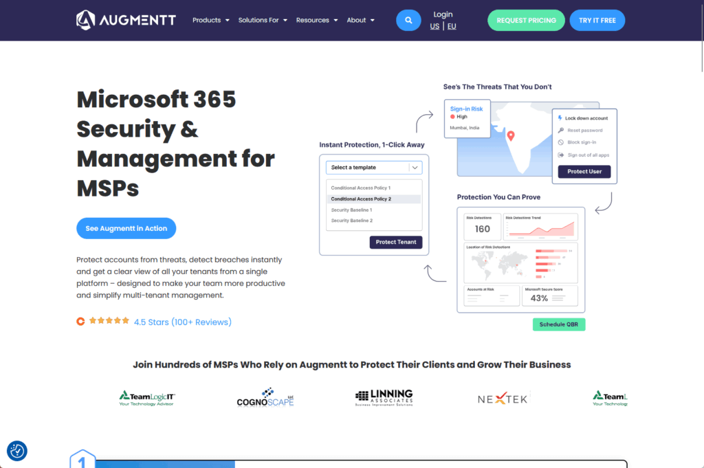 Screenshot of Augmentts website homepage, highlighting Microsoft 365 security for MSPs, with a blue header, a customer rating, call-to-action buttons, security charts, and MSP client logos at the bottom.