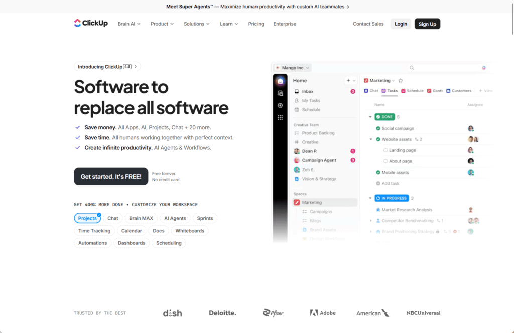 Screenshot of ClickUp’s homepage showing the tagline Software to replace all software, a list of features like projects, chat, and tasks, and a sample dashboard with colorful task lists and project management tools.