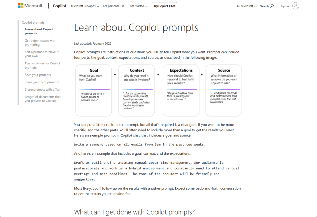 A Microsoft Copilot webpage titled Learn about Copilot prompts explains prompt components—goal, context, expectations, and source—using text boxes, with navigation menu on the left and top search and account navigation bars.