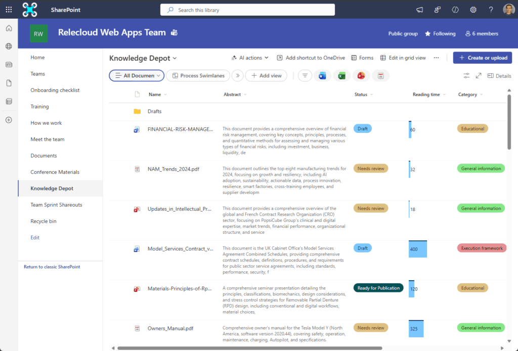 A SharePoint document library titled Knowledge Depot displays a list of files with columns for name, description, sharing status, approval status, and tags like Educational and General Information. The left menu shows navigation options.