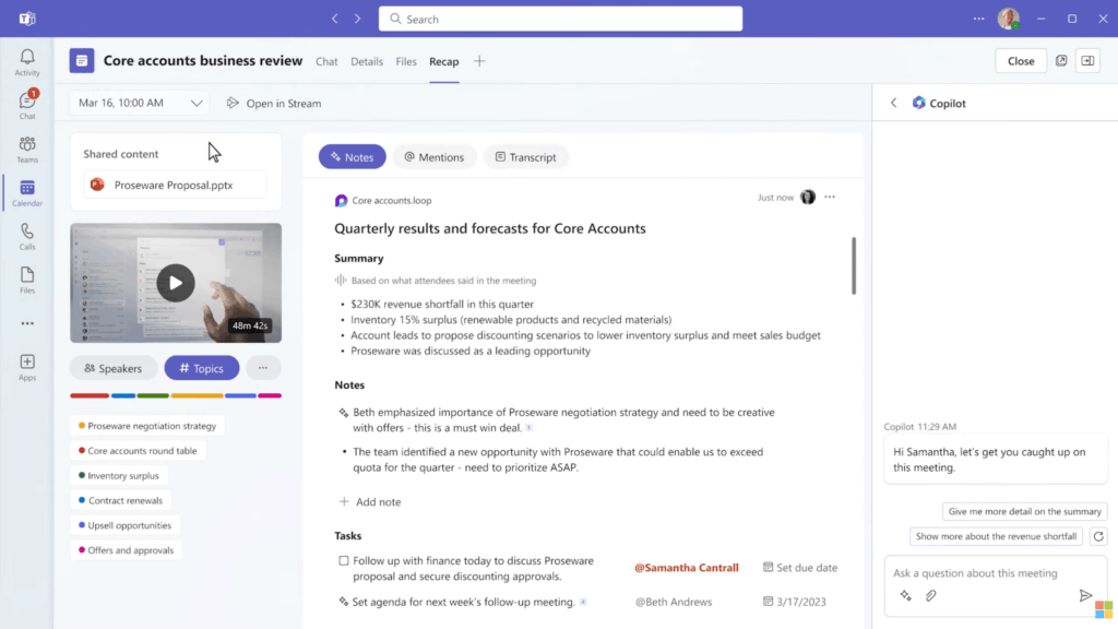A computer screen displays a Microsoft Teams meeting called Core accounts business review. On the left, a video of a woman speaking is visible. On the right, meeting notes summarize key points, notes, and tasks related to sales forecasts.