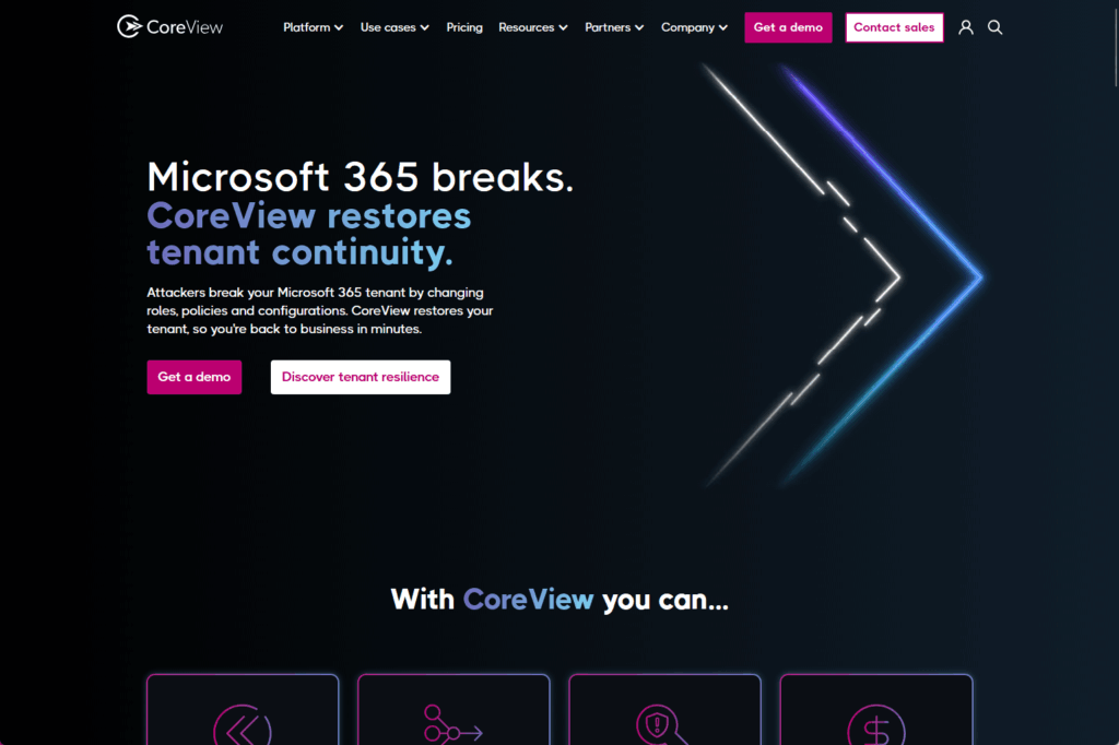 Screenshot of CoreViews website homepage with text: Microsoft 365 breaks. CoreView restores tenant continuity. Buttons say Get a demo and Discover tenant resilience. The background is dark with neon arrow graphics.