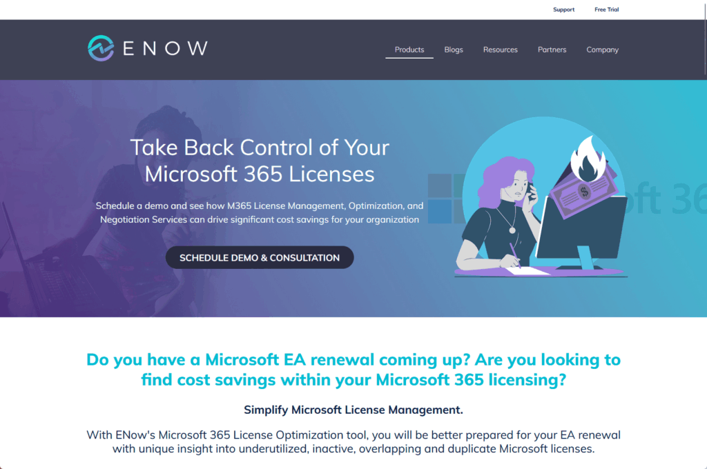A website homepage for ENOW, showing a headline about Microsoft 365 license management, a cartoon person at a computer, and a button to schedule a demo and consultation. The site menu and a promotional banner are also visible.