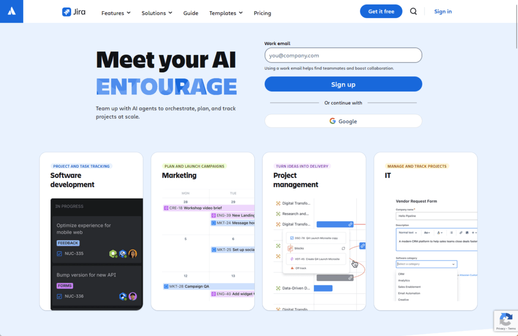 A webpage for Jira displays an AI-powered project management platform. Four columns show sample boards for Software Development, Marketing, Project Management, and IT. A sign-up section is at the top right.