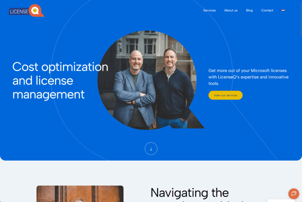 Homepage of LicenseQ featuring two smiling men standing side by side, with text on a blue background that reads, Cost optimization and license management. Navigation links appear at the top.
