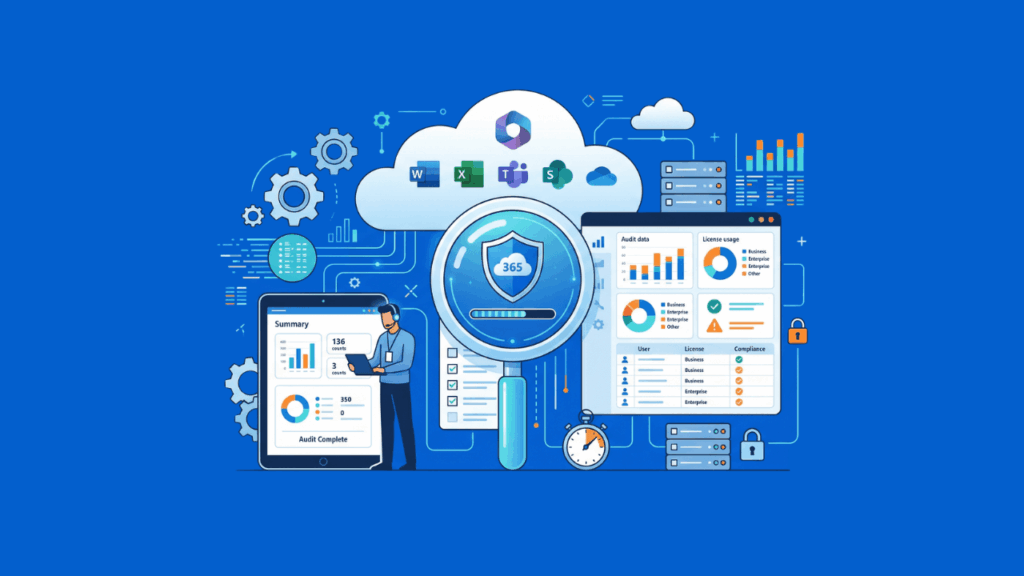 Illustration of a person analyzing data on a tablet, surrounded by charts, graphs, servers, gears, and icons of Microsoft 365 apps, all centered around a cloud and shield symbol on a blue background.