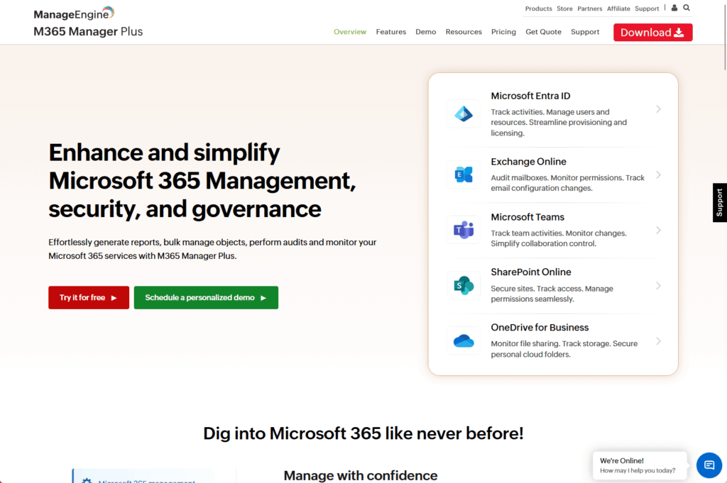 Screenshot of the M365 Manager Plus website, highlighting features for enhancing Microsoft 365 management, security, and governance, with options to start a free trial or schedule a personalized demo. Feature menu appears on the right.
