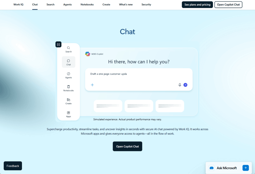 A webpage showing a chatbot interface titled Chat, with a message Hi there, how can I help you? and a prompt to draft a customer update. Navigation options and buttons for plans, pricing, and feedback are visible.