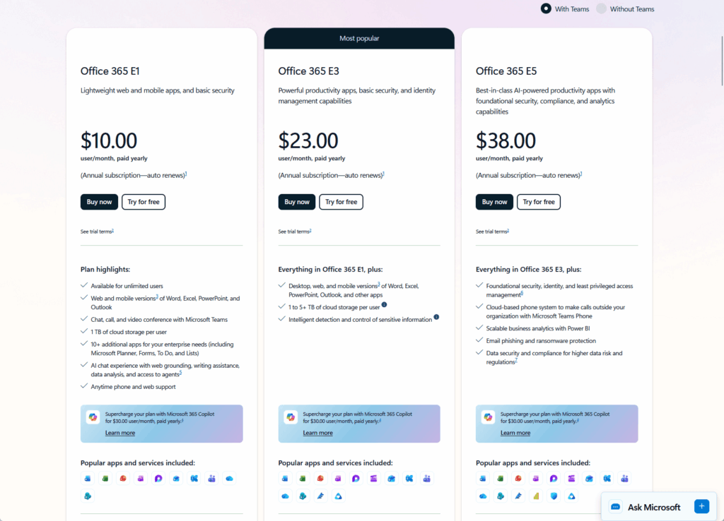 Screenshot of a pricing page for Office 365 plans, comparing Office 365 E1 ($10), Office 365 E3 ($23), and Office 365 E5 ($38) with details on features, monthly costs, and included apps and services.