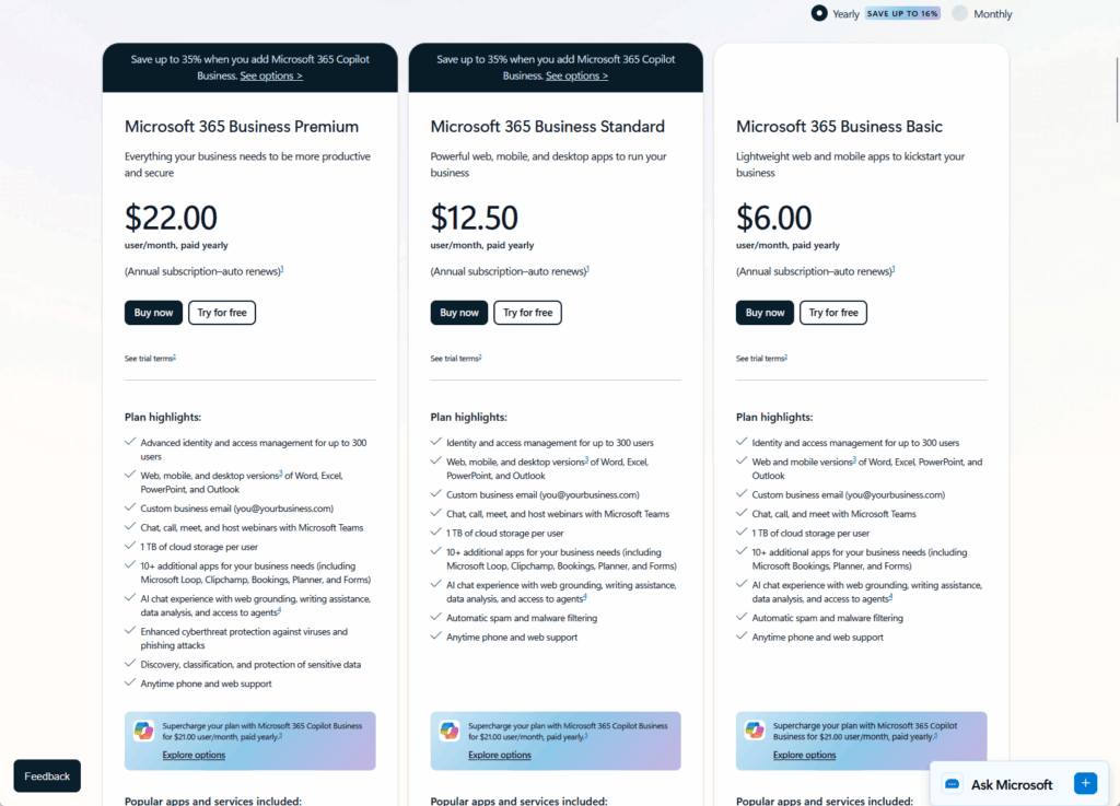 Screenshot of Microsoft 365 Business plans comparison page showing pricing and features for Premium ($22/mo), Standard ($12.50/mo), and Basic ($6/mo) plans, with highlighted features and a yearly savings toggle at the top.