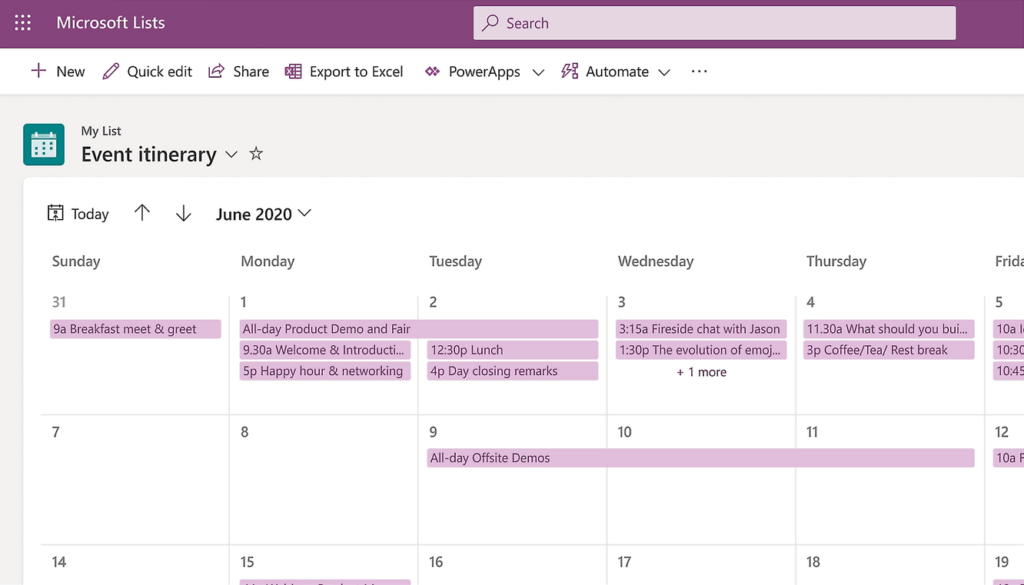 Screenshot of a Microsoft Lists calendar view titled Event itinerary for June 2020, showing scheduled events, meetings, and breaks marked as colored blocks across several days.