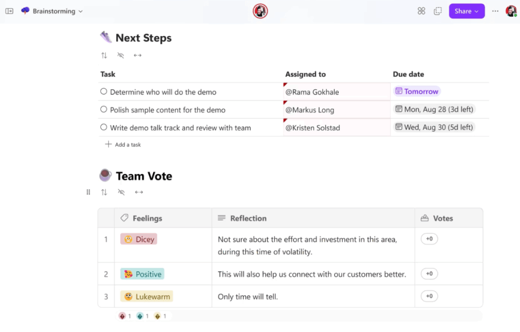 A project management dashboard showing two sections: Next Steps with tasks, assignees, and due dates, and Team Vote with feelings, reflections, and color-coded labels for Dicey, Positive, and Lukewarm.