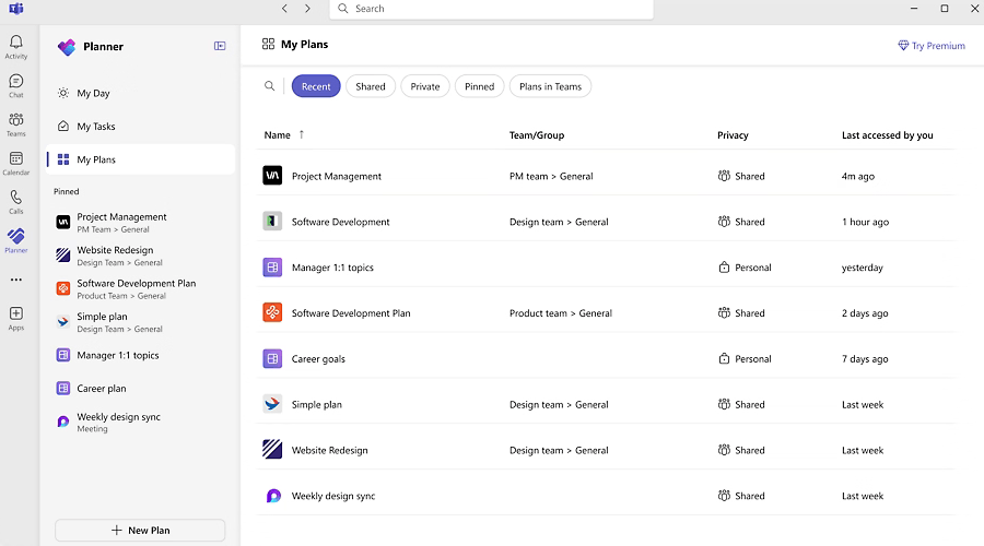 A Microsoft Planner dashboard shows a list of plans with columns for plan name, team/group, privacy, and last accessed date. The navigation menu is on the left, with options like My Day, My Tasks, and Favorites.