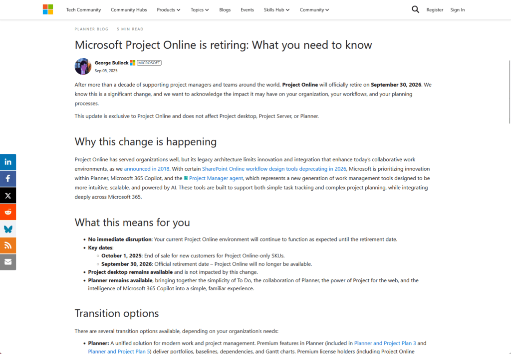 Screenshot of a Microsoft web page titled Microsoft Project Online is retiring: What you need to know. The page details the retirement of Project Online on September 30, 2026, includes reasons for the change, what it means for users, and transition options.