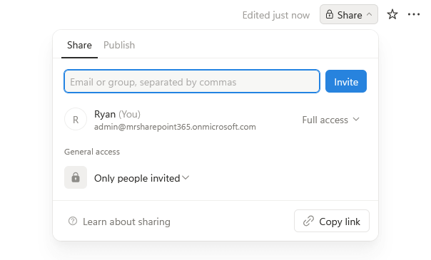 A sharing settings pop-up shows a field to invite people by email, user Ryan with full access, and a note that only people invited can access. There are options to copy the link and learn about sharing.