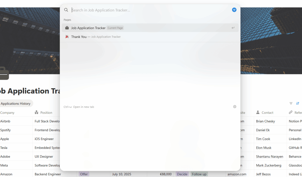 A screenshot of a Notion workspace shows a search bar with results for Job Application Tracker, listing the current page and a Thank You page. Part of a job application table is visible in the background.
