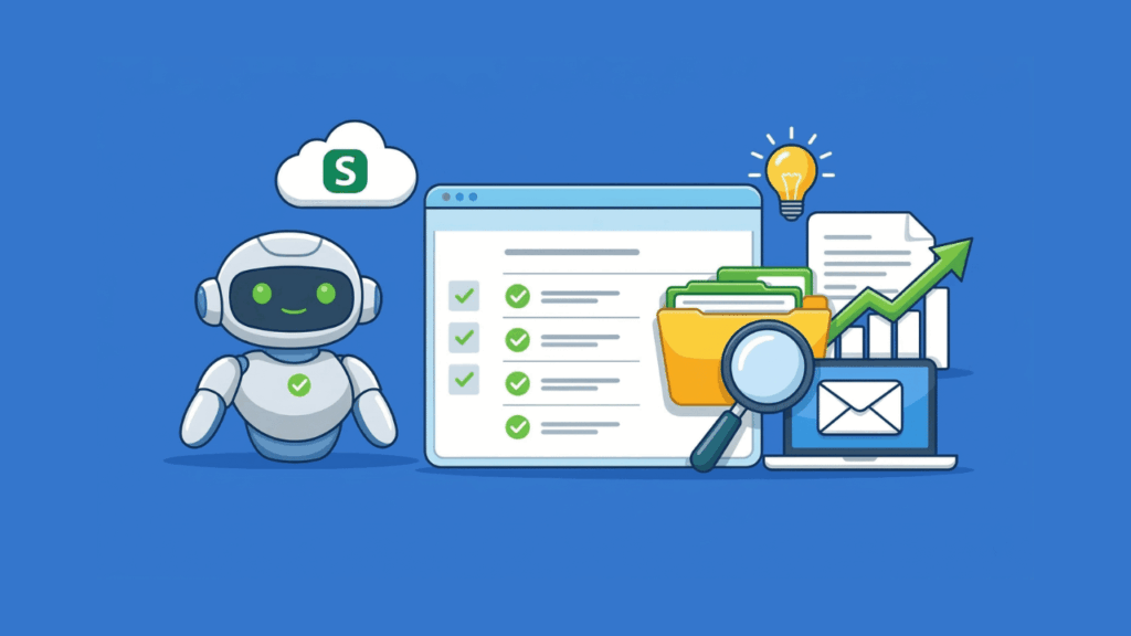 Illustration of a smiling robot next to a computer screen with checklists, folders, magnifying glass, charts, and a cloud, symbolizing automation, organization, data analysis, and digital productivity.