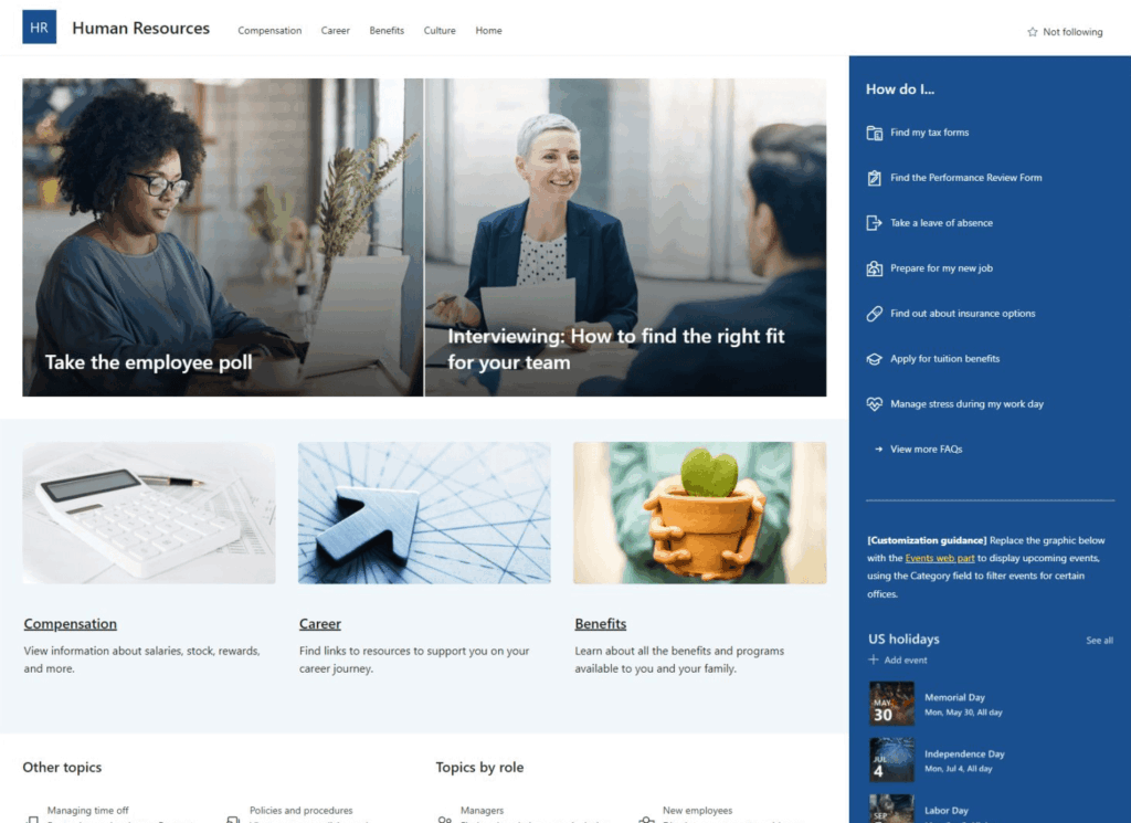 Screenshot of a Human Resources webpage with sections on compensation, career, and benefits. Features images of people in meetings, a poll prompt, quick links, news, US holidays, and HR resources arranged in a clean grid layout.