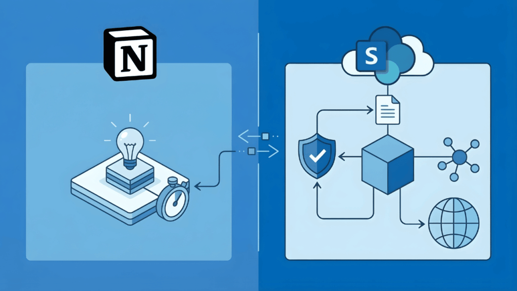 A split image shows the Notion logo with icons of a lightbulb and stopwatch on the left, and the SharePoint logo with cloud, document, shield, cube, and global network icons on the right, connected by arrows.