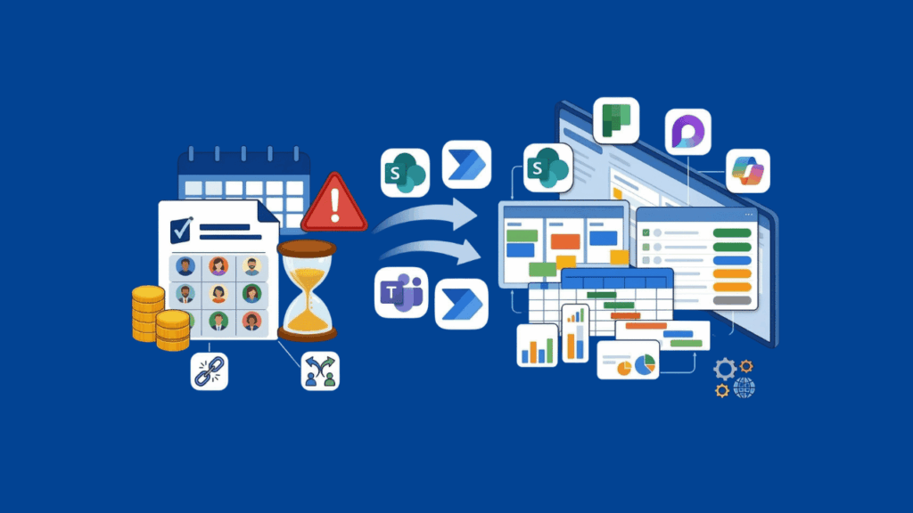 Illustration showing project management tools, schedules, coins, alerts, and charts being connected with collaboration and productivity apps like Microsoft Teams, SharePoint, and others on a blue background.