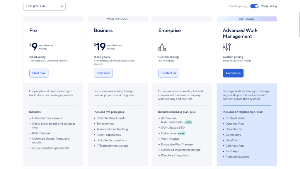 Pricing comparison table for four software plans: Pro ($9/mo), Business ($19/mo), Enterprise (custom pricing), and Advanced Work Management (custom pricing). Features increase with each plan. ‘Contact us’ buttons on last two.