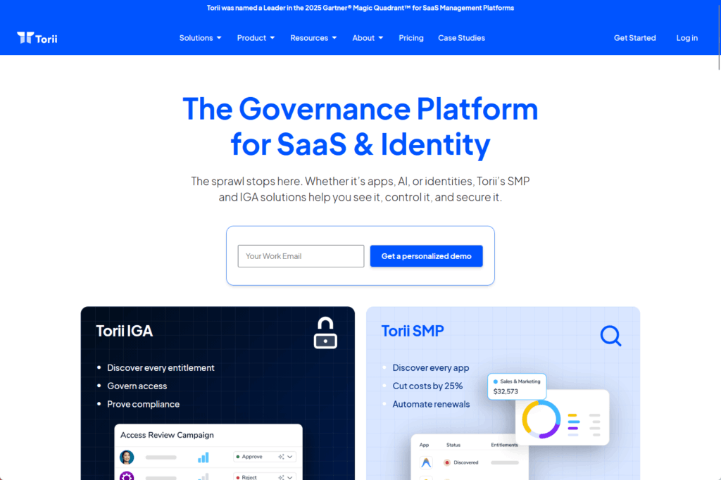 Screenshot of Toriis homepage featuring a headline, The Governance Platform for SaaS & Identity, an email demo signup form, navigation bar, and product feature visuals for Torii IGA and Torii SMP solutions.