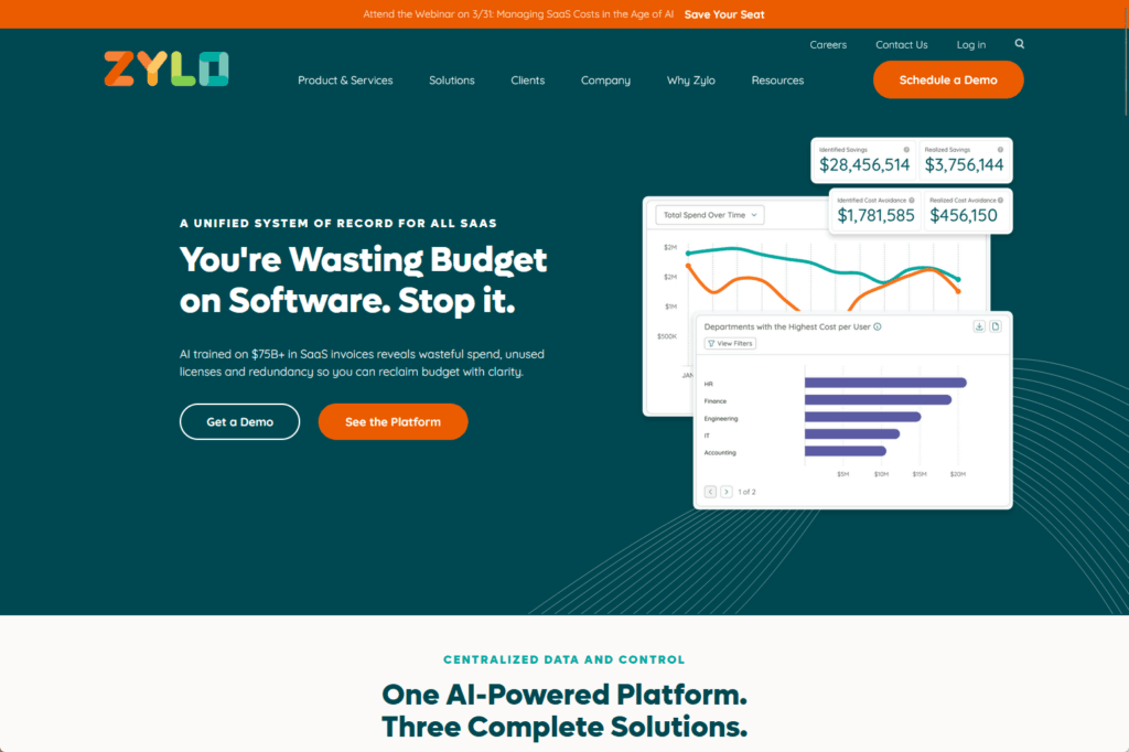 Zylo website homepage showing charts of software spend and usage, bold text stating “You’re Wasting Budget on Software. Stop it,” and buttons for “Get a Demo” and “See the Platform.” The header includes a webinar announcement.