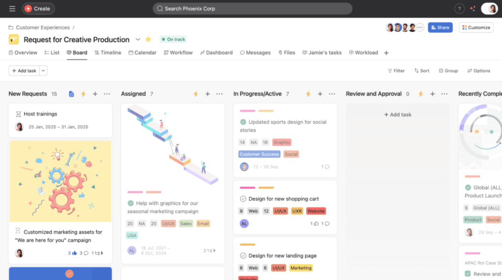 A project management dashboard displays columns for New Requests, Assigned, In Progress/Active, and Review and Approval, each containing color-coded task cards with labels, due dates, and user avatars.