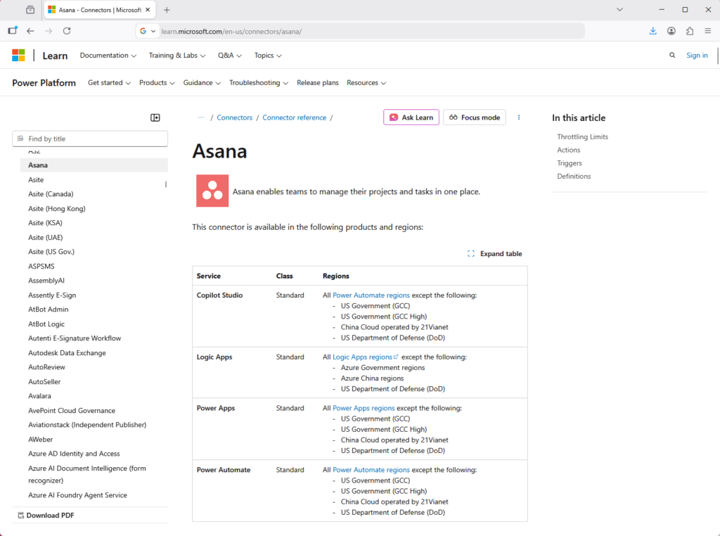 A webpage about the Asana connector on Microsoft Power Platform shows a table listing supported environments for Asana, including Logic Apps, Power Apps, Power Automate, and US government regions.