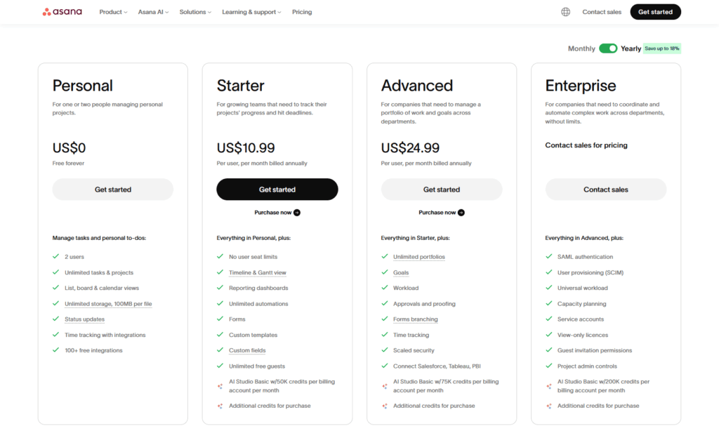 Screenshot of Asana’s pricing plans, showing four columns: Personal (free), Starter (US$10.99), Advanced (US$24.99), and Enterprise (custom pricing). Each plan lists the included features and a button to get started or contact sales.