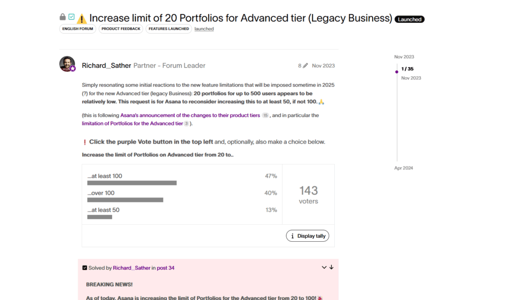 A forum post on Asana’s website discusses increasing the portfolio limit for the Advanced tier. A poll shows 47% want over 100 portfolios, 40% want at least 100, and 13% want at least 50. There are 143 votes total.